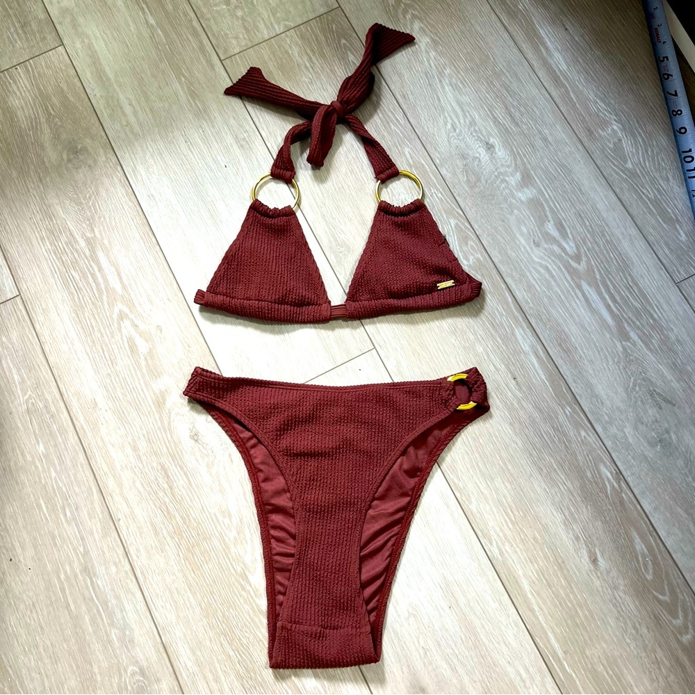 Nasty Gal Brown High Waist Swimsuit Ribbed Bikini Gold O Ring Loop Halter